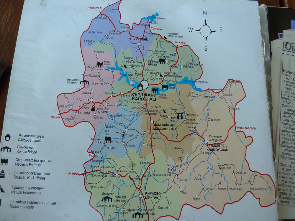 България, карта със забележителностите в района на Източни Родопи
