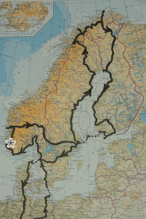 Норвегия, На картата на Скандинавските страни е очертан маршрута на туристическата ми обиколка. 
